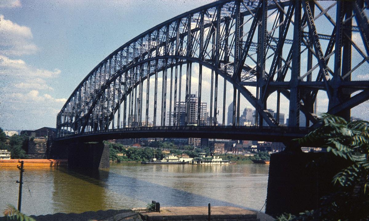 The Point Bridge II in Pittsburgh shown in 1951 looking north across the Monongahela River In the background are the Gateway Center buildings under construction.