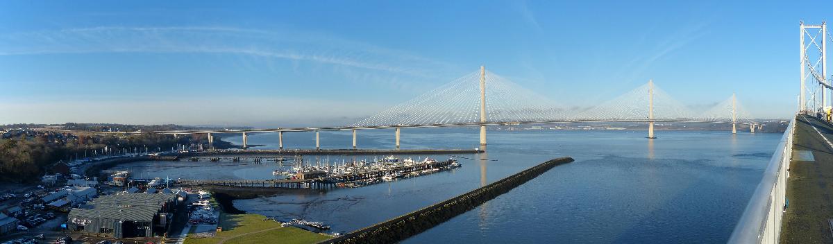 Panorama of the Queensferry Crossing from the Forth Road Bridge with Port Edgar 