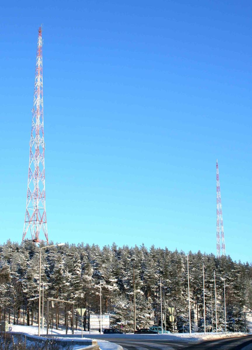 The two radio masts of Lahti longwave transmitter in Radiomäki, Lahti, Finland The masts are 150 metres high and they were built in 1928.