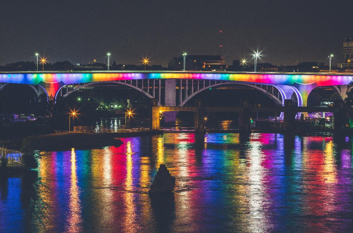 I-35W Saint Anthony Falls Bridge over the Mississippi River in Minneapolis, the night SCOTUS made same-sex marriage legal throughout the United States 
