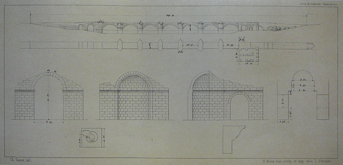 Media File No. 154137 Drawing of the late Roman Sangarius Bridge, Turkey, from 1838. Above side and top view, below the vanished triumphal arch in the west and the still existing conch in the east of the bridge.