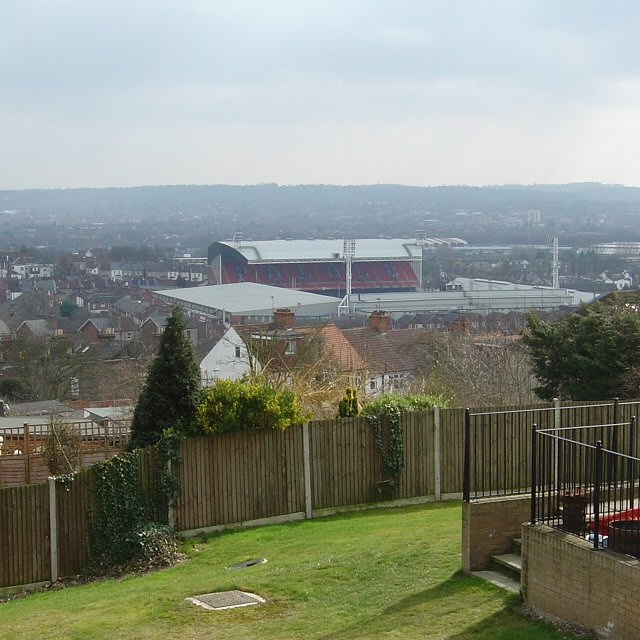 Selhurst Park, the home of Crystal Palace FC, as viewed from the back of houses in Ross Road 