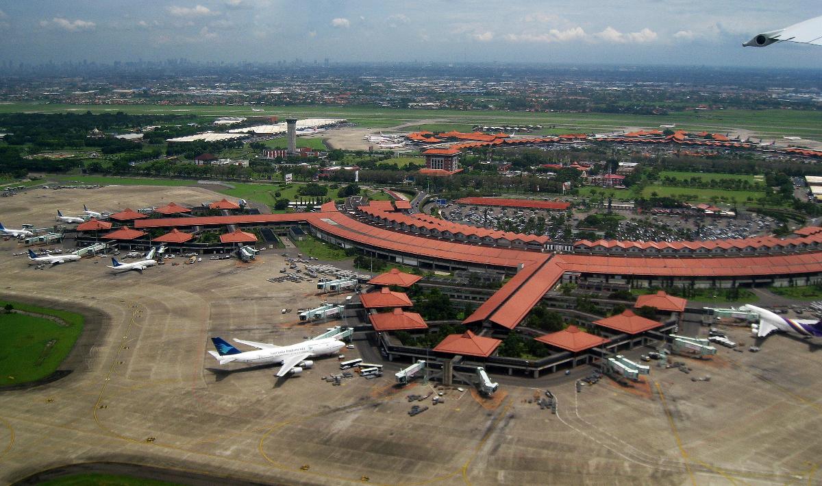 Aerial view of Soekarno-Hatta International Airport, Jakarta View taken in 1 February 2010 from Garuda Indonesia airplane during take-off. The architecture reflect Indonesian vernacular architecture of Javanese Joglo roof with Pendopo as gate lounges (waiting hall) surrounded with tropical gardens.