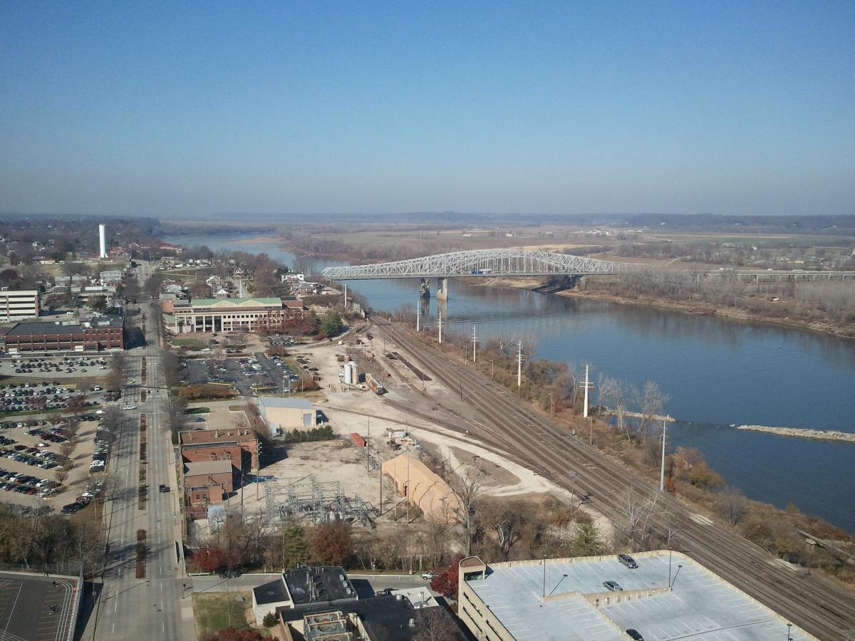 South-looking view from the Jefferson City Missouri state capital rotunda The Missouri river appears on the right side.