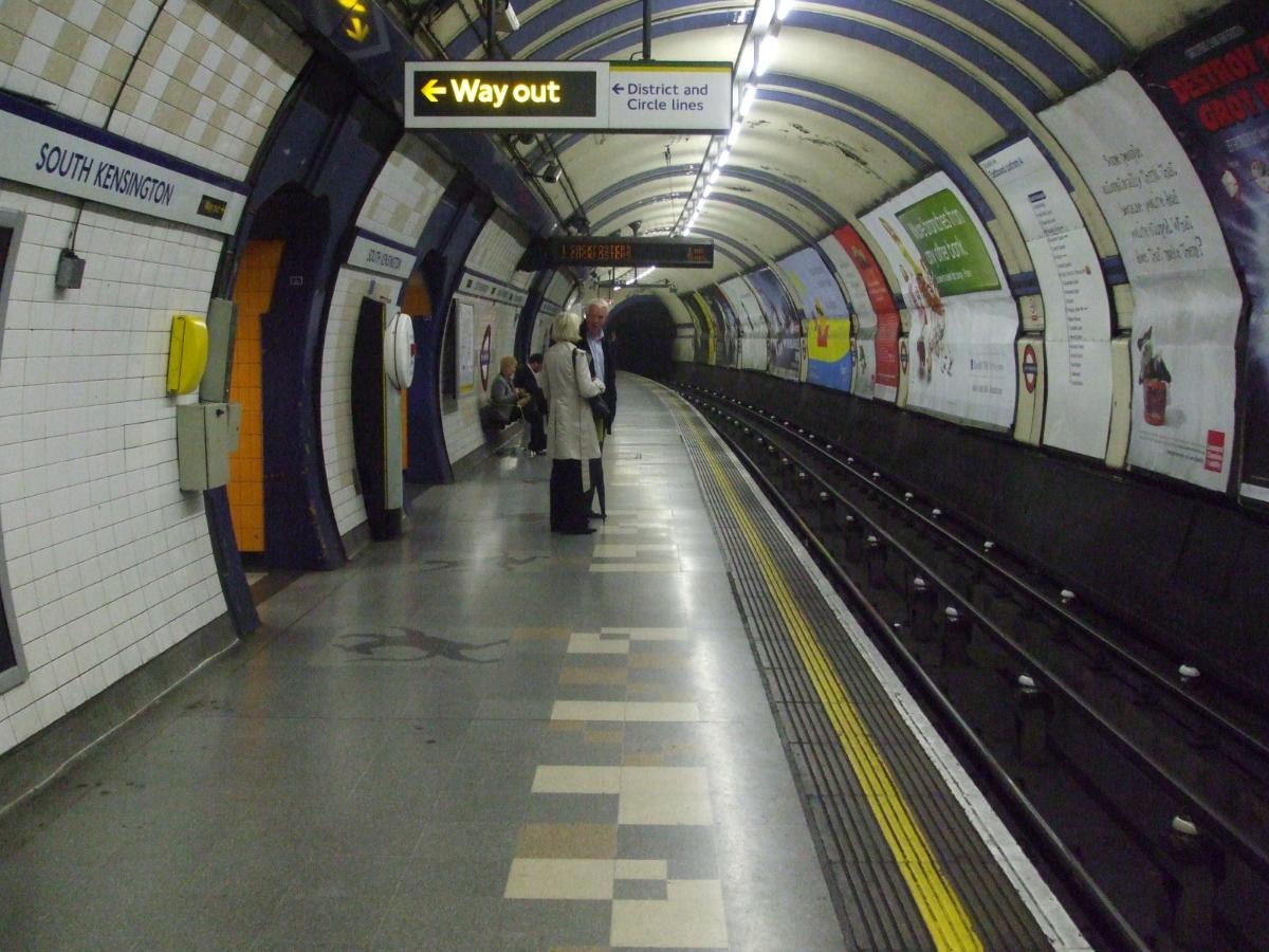 South Kensington tube station Piccadilly line eastbound platform looking west 