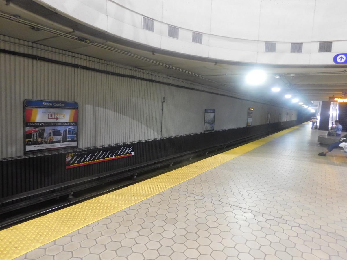 Platform at the State Center / Cultural Center Station of the Baltimore Metro SubwayLink system in Baltimore, Maryland 