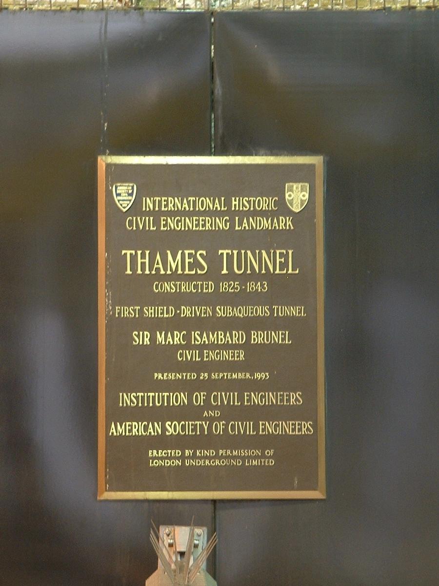 Media File No. 213435 Thames Tunnel commemorative plaque at Rotherhithe tube station. Photo taken the day the East London line shut down for refurbishment/extension in 2007