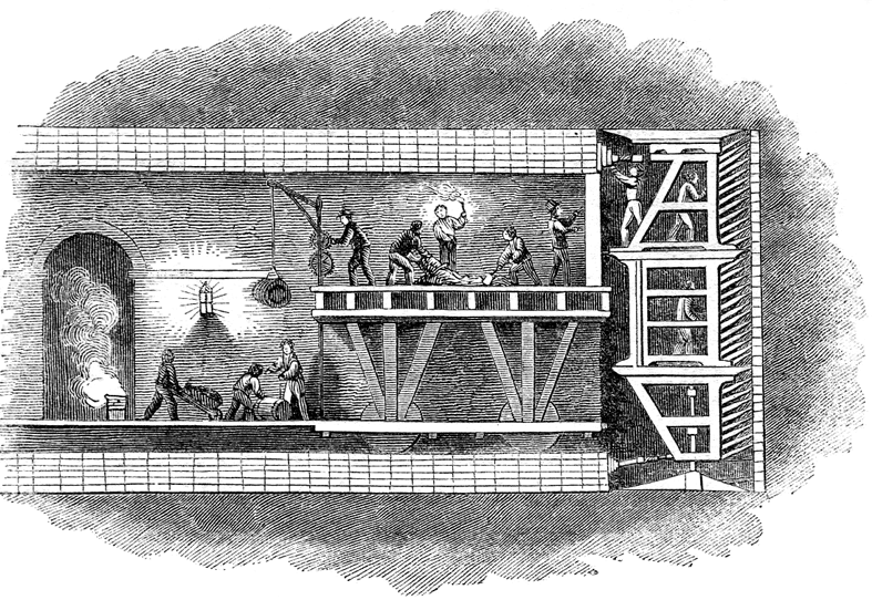 Media File No. 213432 Diagram of the tunnelling shield used to construct the Thames Tunnel, London. Contemporary image (19th century), probably from the Illustrated London News