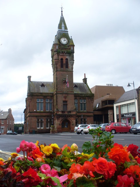 Annan Victorian Gothic Town Hall Built of red sandstone in 1878, at the west end of the Annan's High Street.