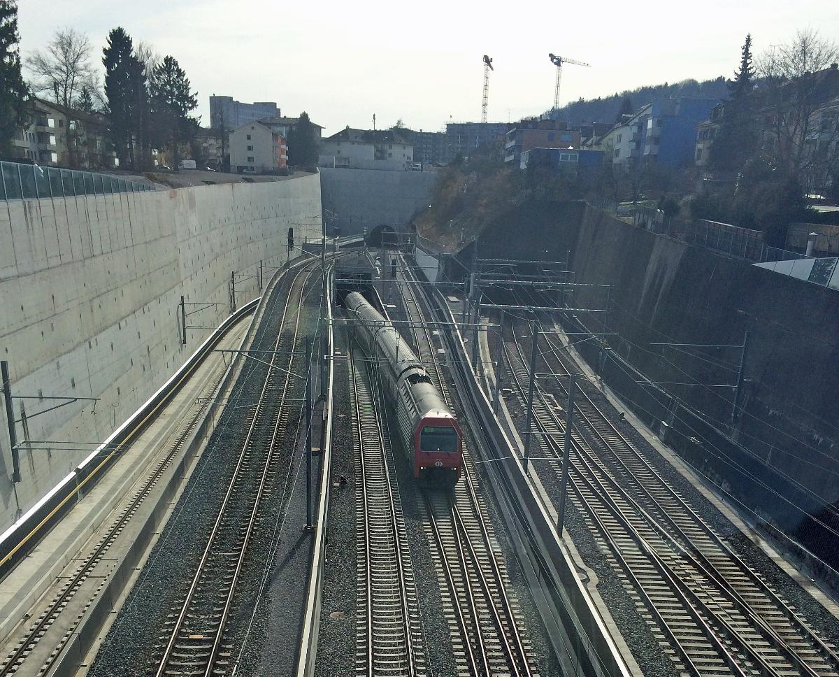 Portails de trois tunnels ferroviaires à Oerlikon, Zurich : (de gauche à droite) Weinbergtunnel, Wipkingertunnel, Käfergtunnel Un train de banlieue sort du tunnel du Weinberg en provenance de la gare centrale
