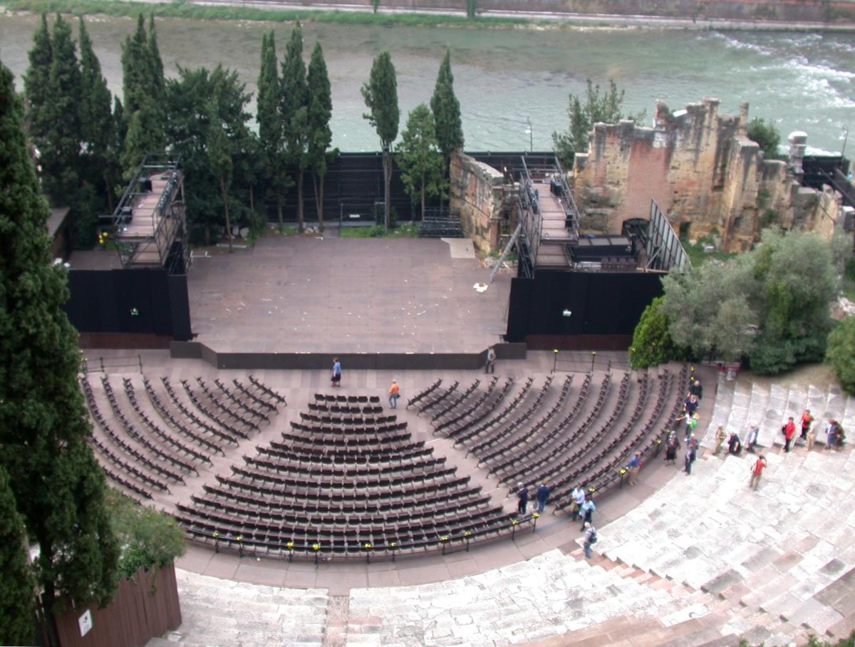 Verona, roman theater. Cavea seen from Archaeological Museum. 