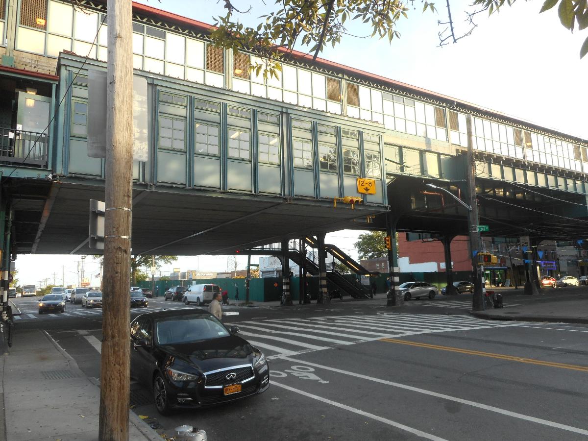 Looking southeast at the Wakefield-241st Street Elevated Railway Terminal from the northwest corner of White Plains Road and 241st Street Located in the Wakefield section of the North Bronx, New York City. The station is the northern terminus of the train, as well as the IRT White Plains Road Line, and the system in general. Note also the 12'8" low clearance sign under the station house.
