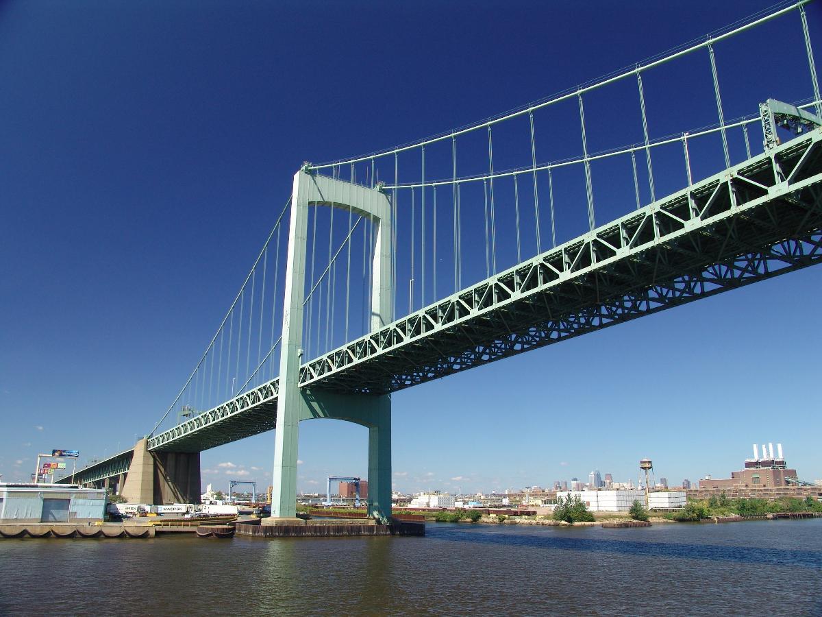 The Walt Whitman Bridge spans the Delaware River from Philadelphia to Gloucester City, New Jersey 