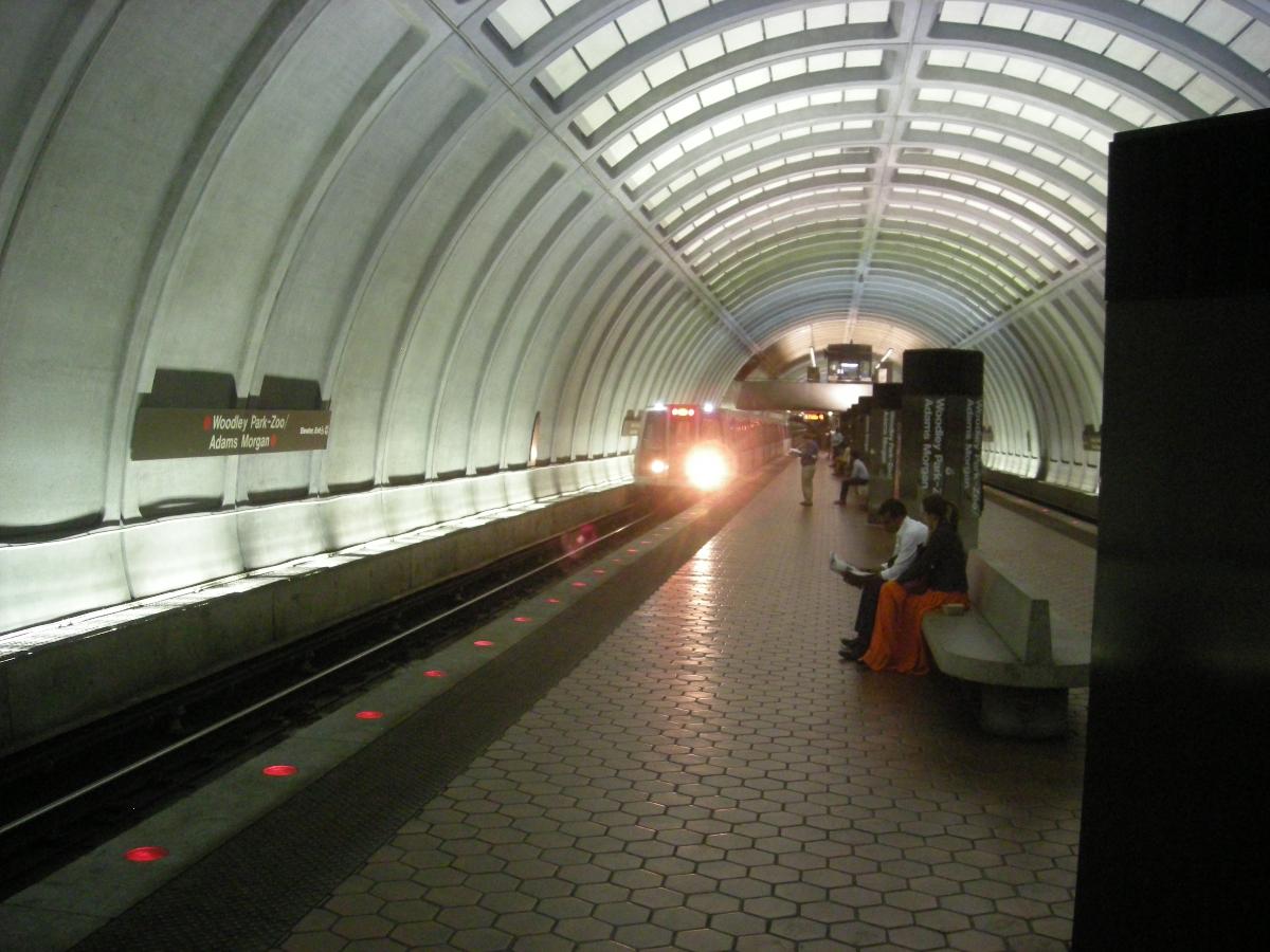 Washington Metro train arriving at the Woodley Park WMATA station in Washington, D.C. 