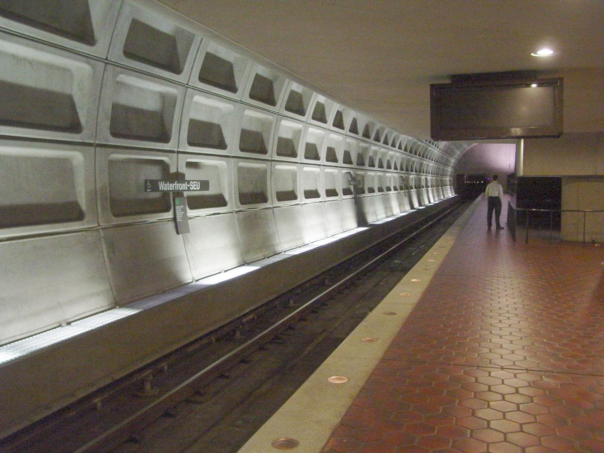 Outbound side of platform at the Waterfront-SEU Metro station in Washington, D.C. 