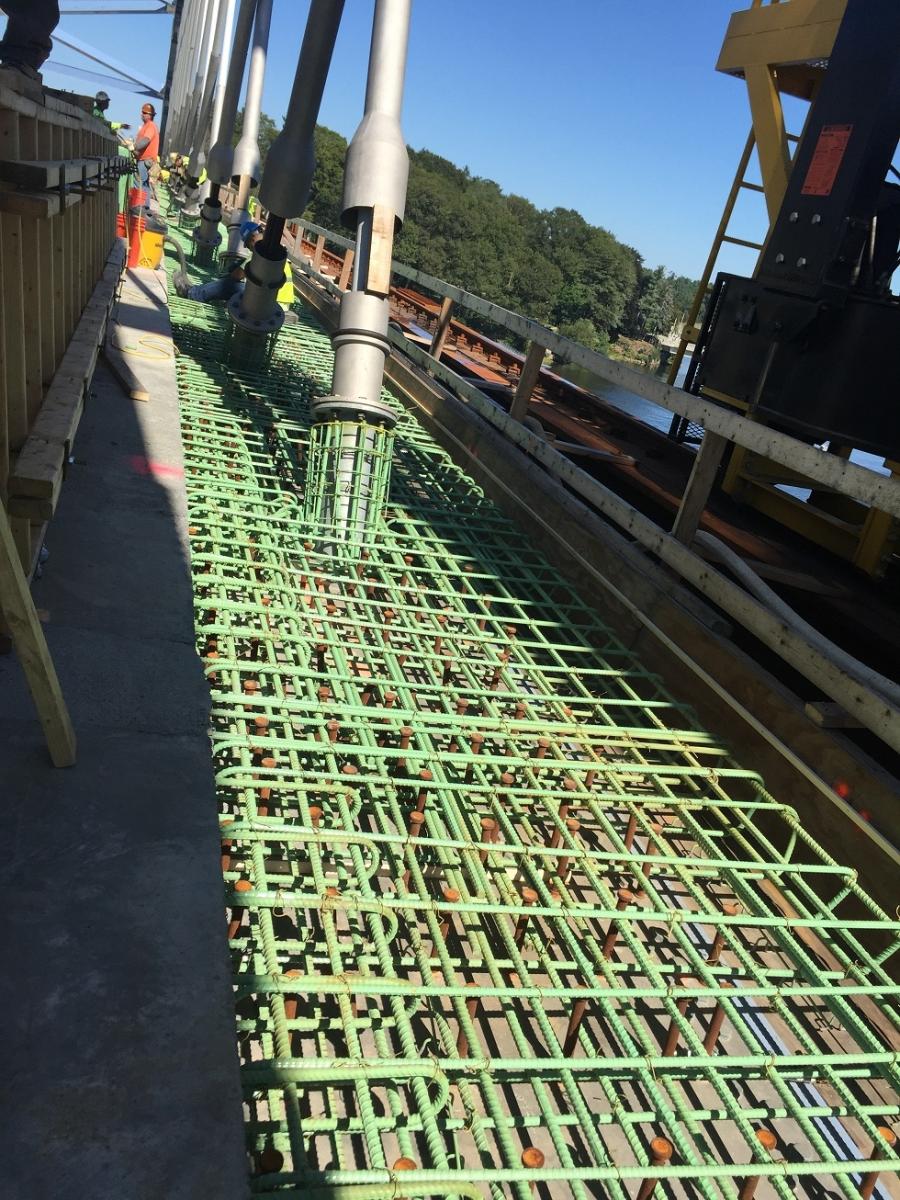 John Greenleaf Whittier Bridge Installation of the green rebar steel on the new northbound Whittier Bridge span is complete and ready for the concrete deck to be poured.