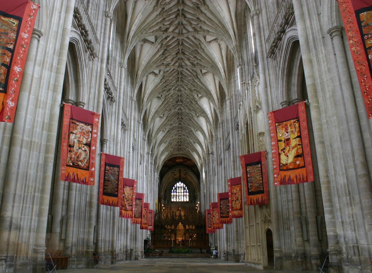 Winchester Cathedral (england) lined by flags made by local school children (aged approximately 12 years old) 