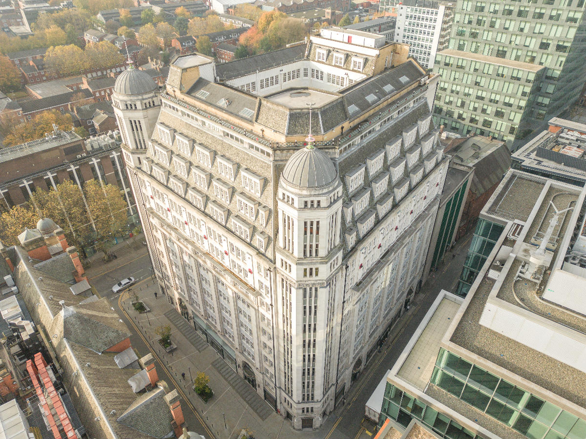 Sunlight House in the centre of Manchester Photograph taken by an aerial drone