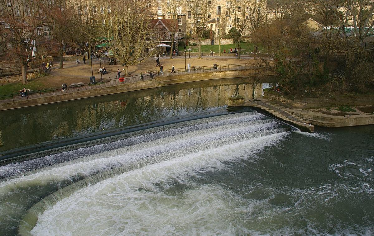 The weir by Pulteney Bridge on the River Avon in Bath 