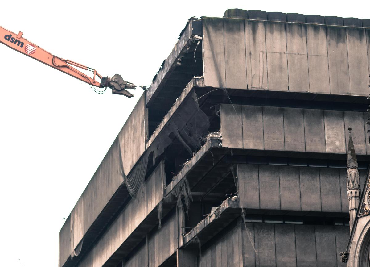 Birmingham Central Library, UK undergoing the initial stages of external demolition in December 2015 