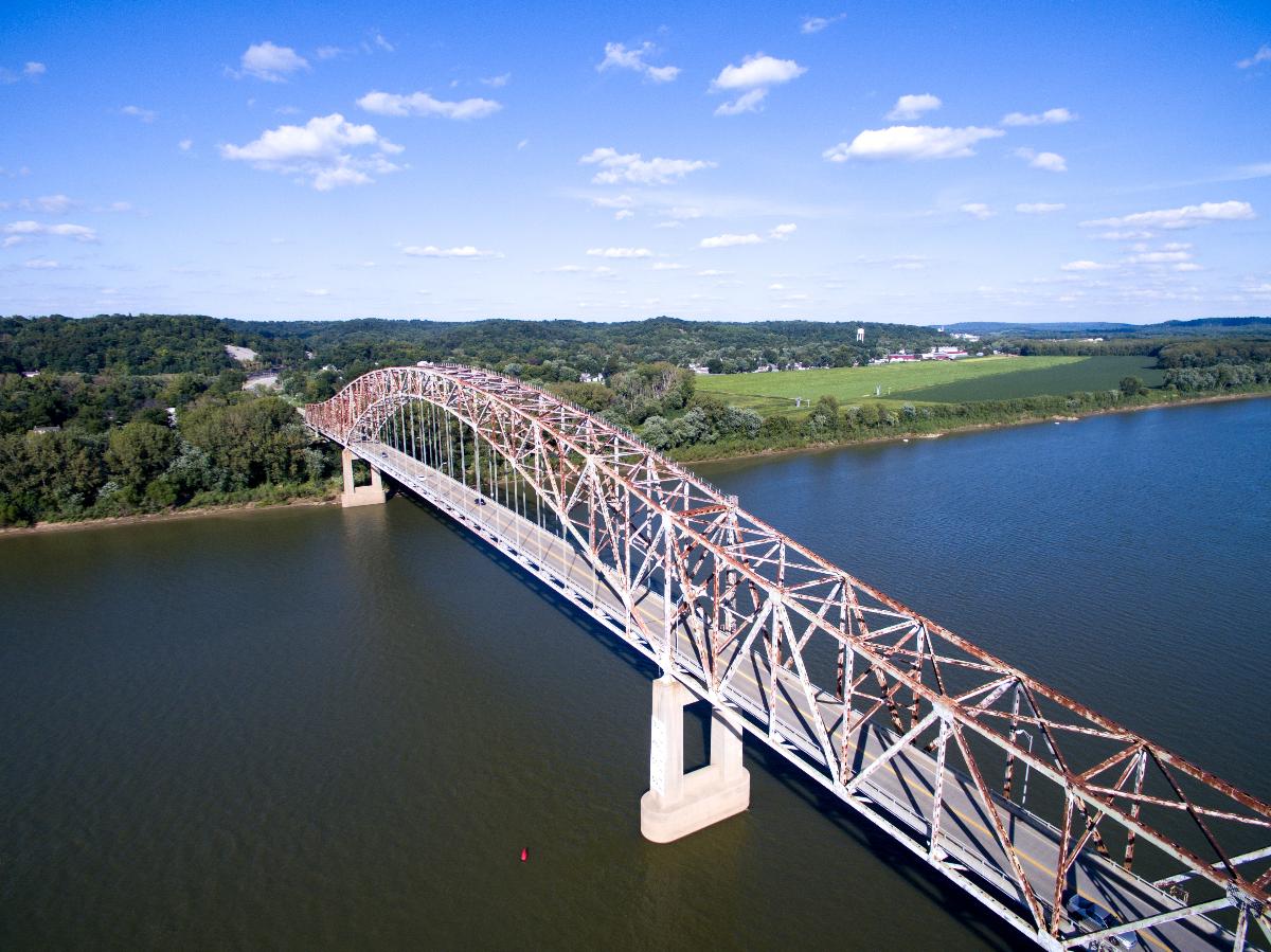 Aerial view of the Bob Cummings Lincoln Trail Bridge, facing away from Hawesville and towards Cannelton. 