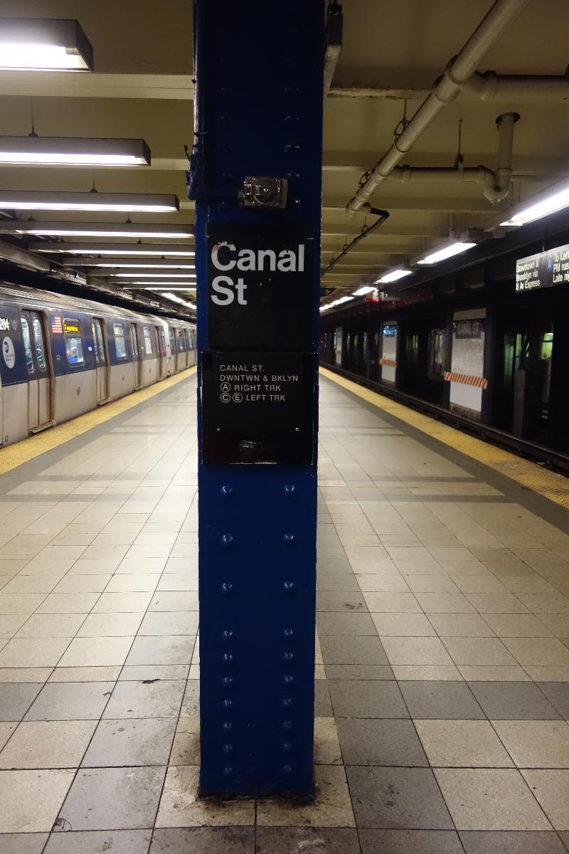Canal Street Subway Station (Eighth Avenue Line) The south end of the Downtown platform of the Canal Street IND station, under 6th Avenue and Walker Street in SoHo / Hudson Square / Tribeca, Manhattan