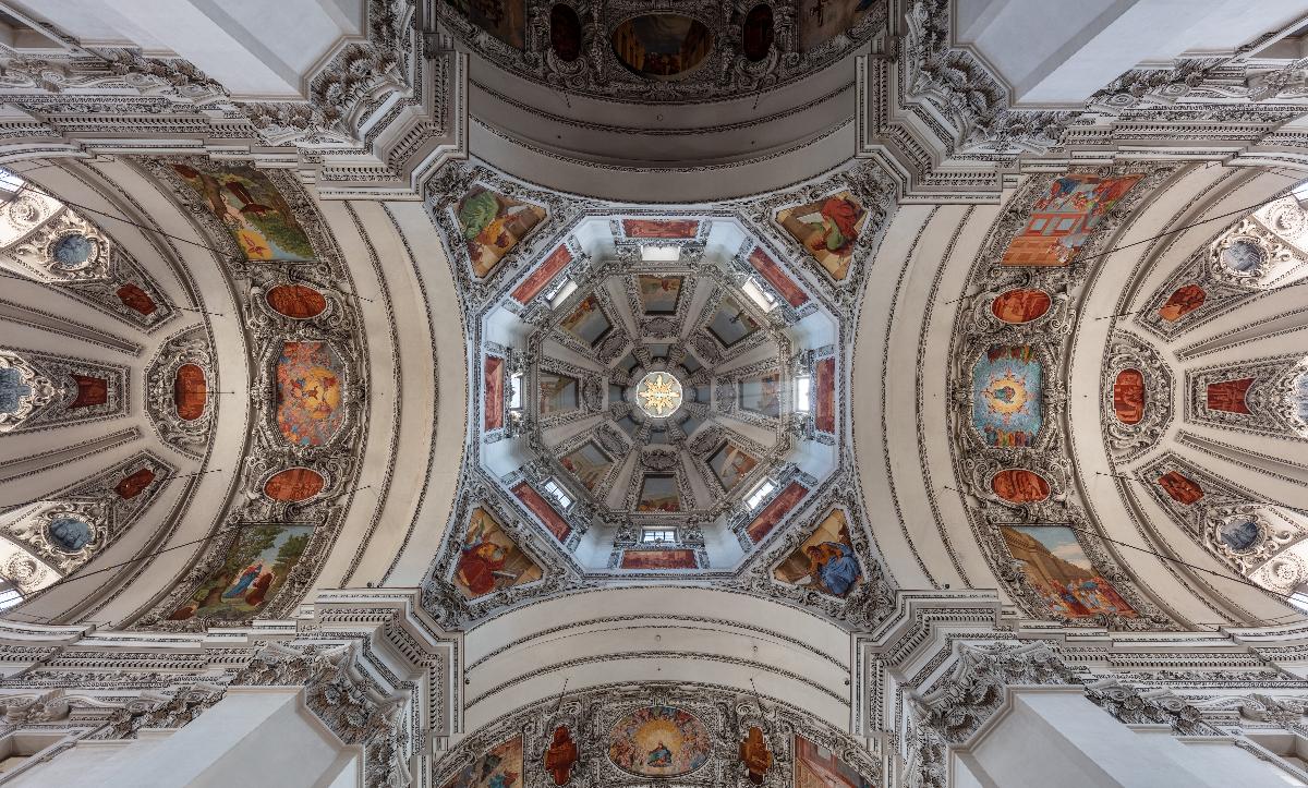 Central dome of Salzburg Cathedral, Austria. The cathedral was founded in 774 and rebuilt in 1181 after a fire but it become its present appearance under Prince-Bishop in the 17th century.