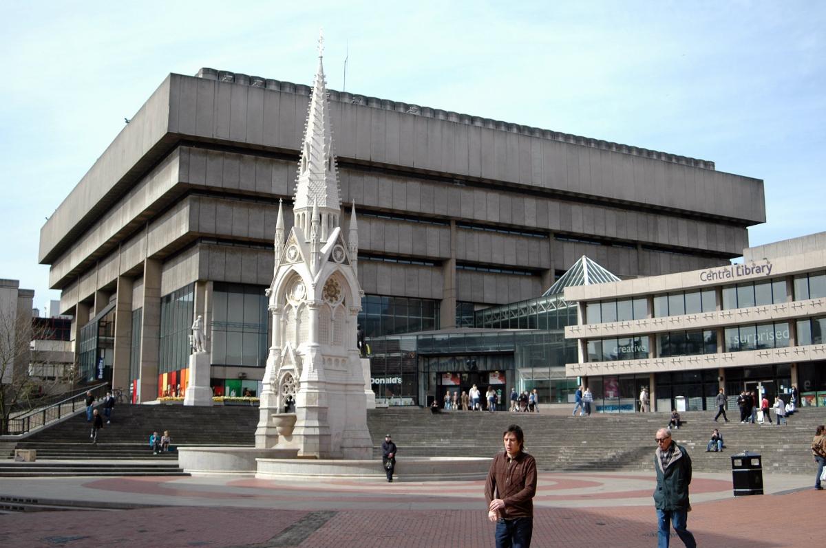 Chamberlain Square in Birmingham The Chamberlain Memorial is in the centre, with the former Birmingham Central Library and Paradise Forum behind it.