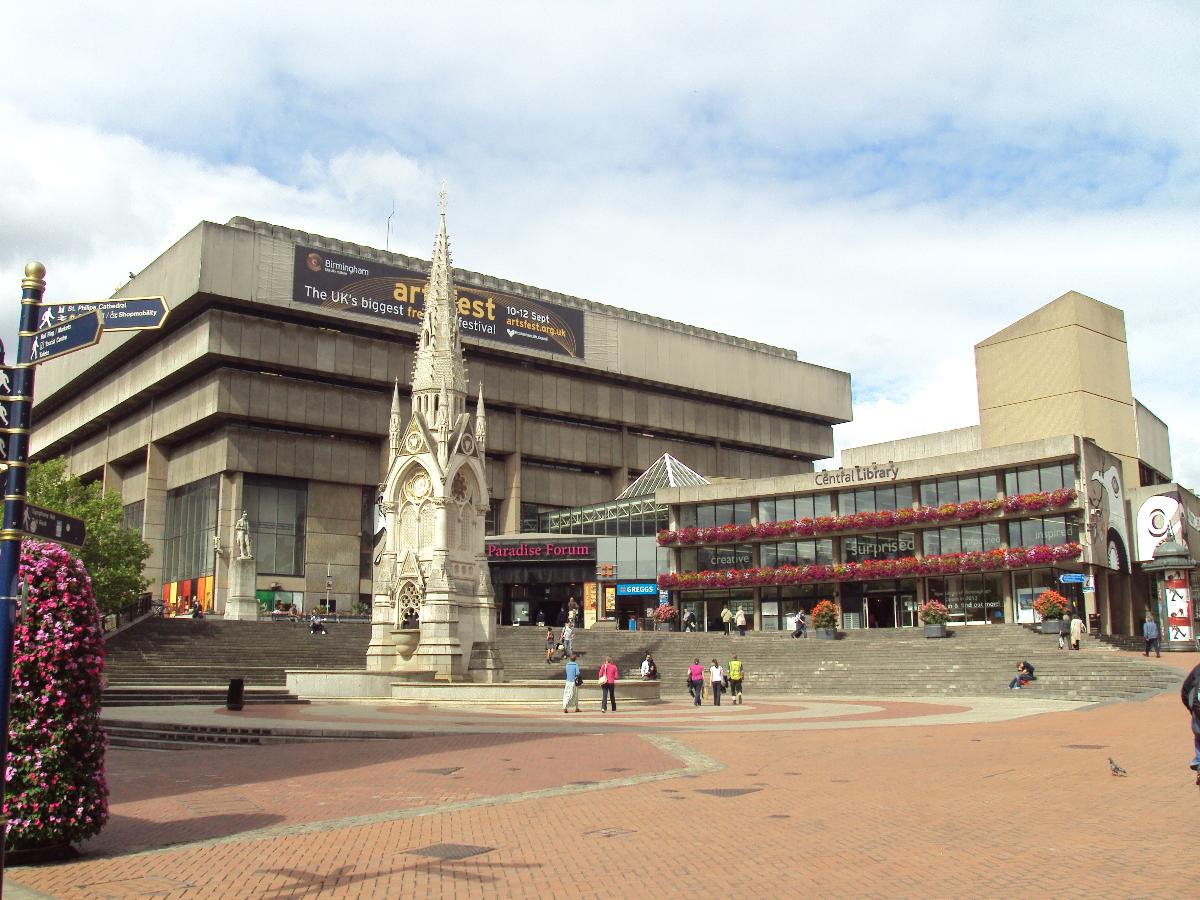 The former Birmingham Central Library and Chamberlain Memorial — at Chamberlain Square in Birmingham, England. 