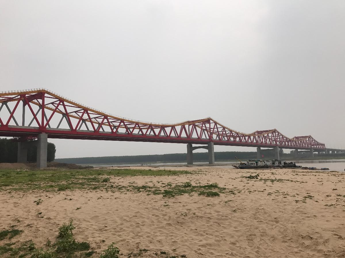 Changqing Yellow River Bridge in Jinan, Shandong, China Close-up view from the Eastern bank of the Yellow River