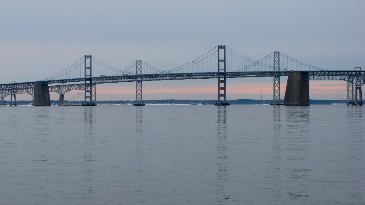 The Chesapeake Bay Bridge as viewed from Sandy Point State Park in Anne Arundel County, Maryland. 