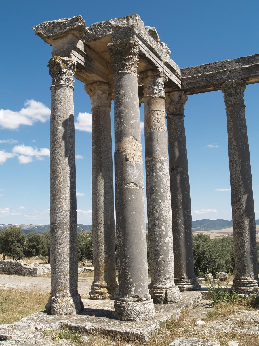 Colonnade of the Temple of Caelestis Detailed view of the Corinthian colonnade in the Temple of Caelestis at Roman Dougga, Tunisia.