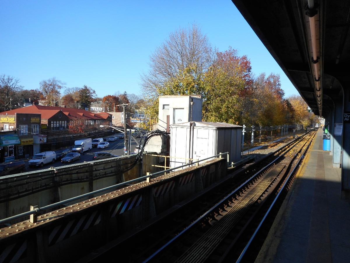 Eastchester – Dyre Avenue Subway Station (Dyre Avenue Line) Northern view of the former Right-Of-Way of the westernmost New York, Westchester and Boston Railway track at the Eastchester – Dyre Avenue (IRT Dyre Avenue Line) station in the Eastchester section of The Bronx. An apparent generator blocks the tracks today, although if somebody has evidence that this is something other than a generator, please tell me.