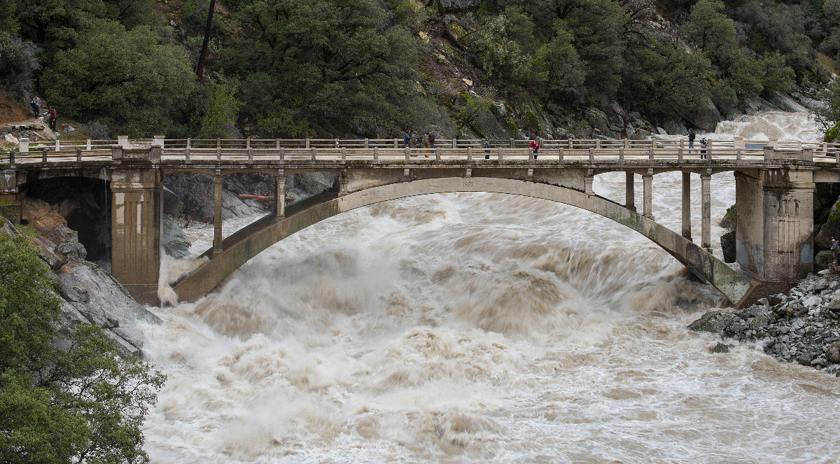 Old Route 49 bridge Flood under the Old Route 49 bridge crossing over the South Yuba River in Nevada City, California, saw local and regional visitors during the atmospheric river event across Northern California on January 9, 2017.