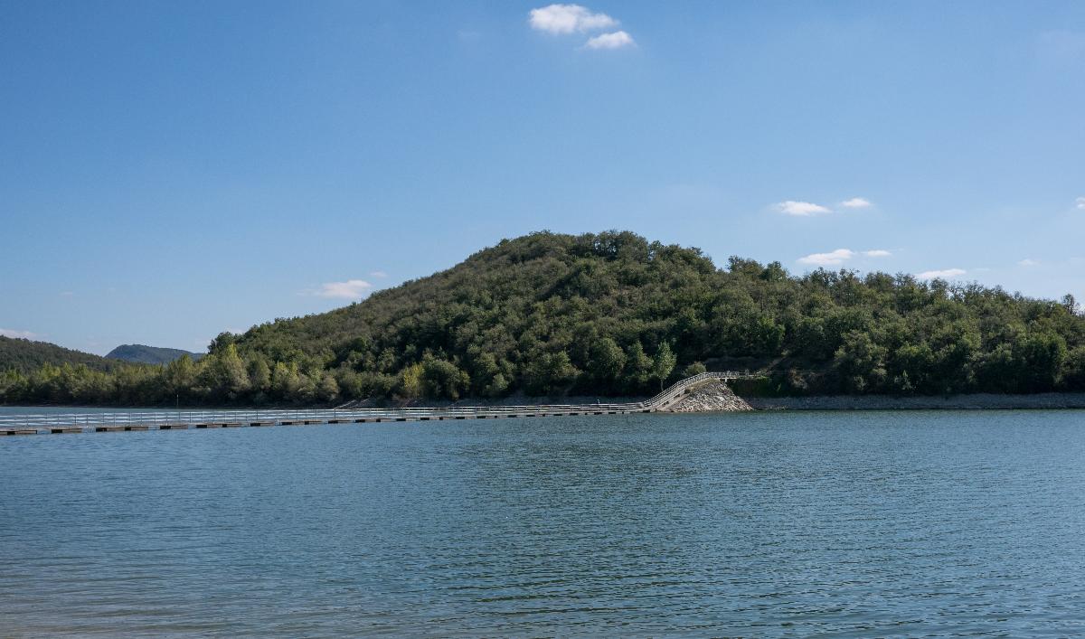 Floating bridge of Garaio over the Ullíbarri-Gamboa reservoir. Álava, Basque Country, Spain 