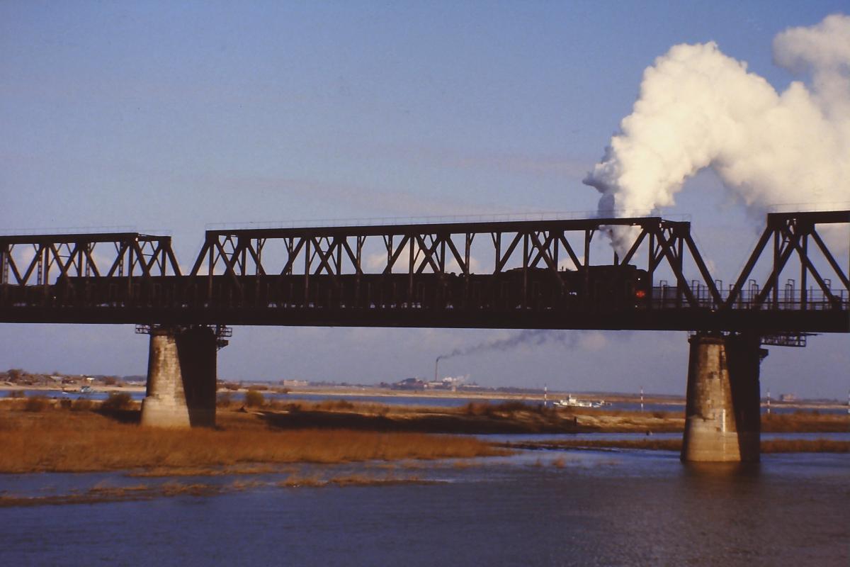 Güterzug mit QJ auf der Eisenbahnbrücke über den Sōnghuā Jiāng, Harbin 