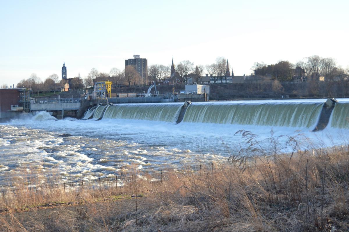 The Holyoke Dam as seen from South Hadley during the freshet or "spring thaw" The Hadley Falls Power Station can be seen to the far left