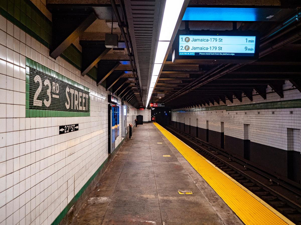 A view of the northbound platform of the IND Sixth Avenue Line's 23rd Street station 