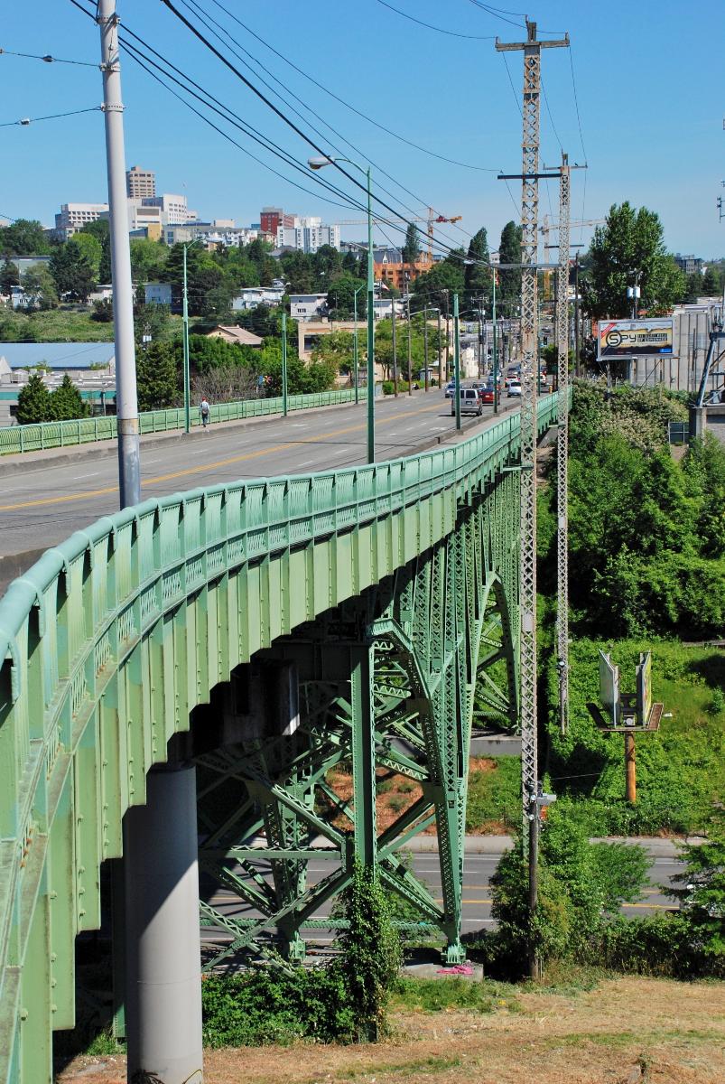 The José Rizal Bridge, originally the 12th Avenue South Bridge, in Seattle. This is the bridge's east side, viewed from the east sidewalk, from the bridge's southern end. The bridge is listed on the National Register of Historic Places under its original name. It was renamed in 1974.