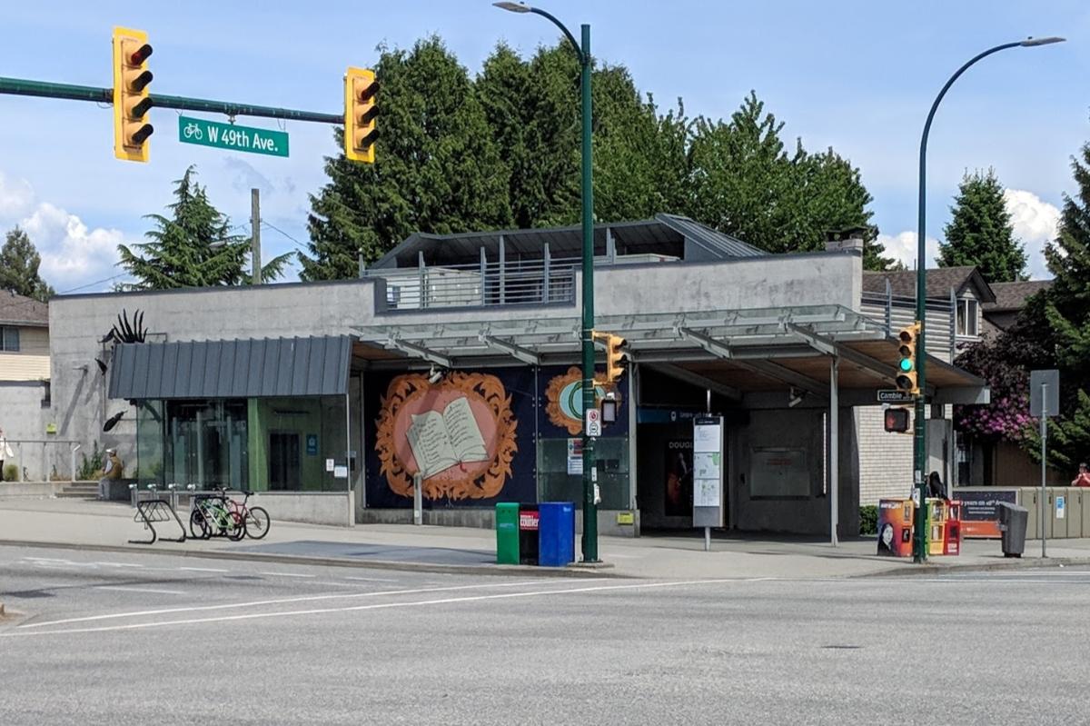Langara–49th Avenue station entrance viewed from the westside of Cambie Street 