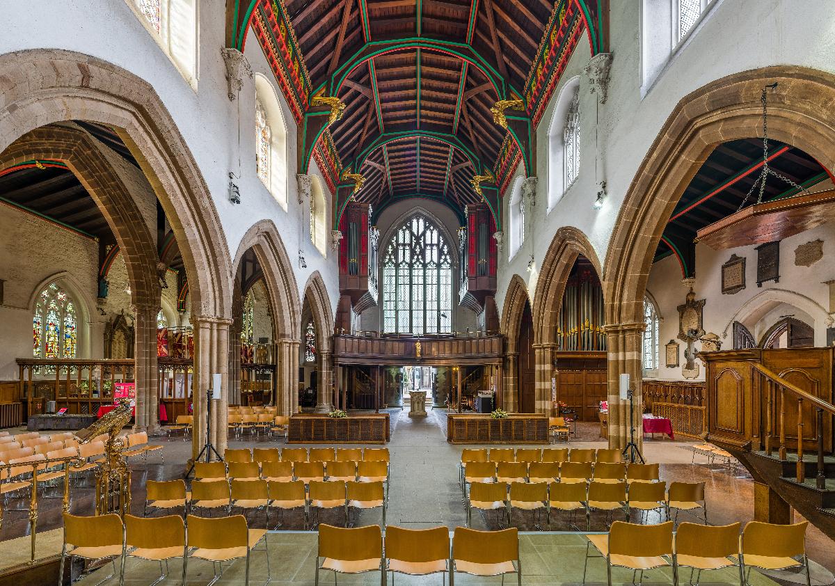 The nave of Leicester Cathedral looking west, in Leicestershire, England. 