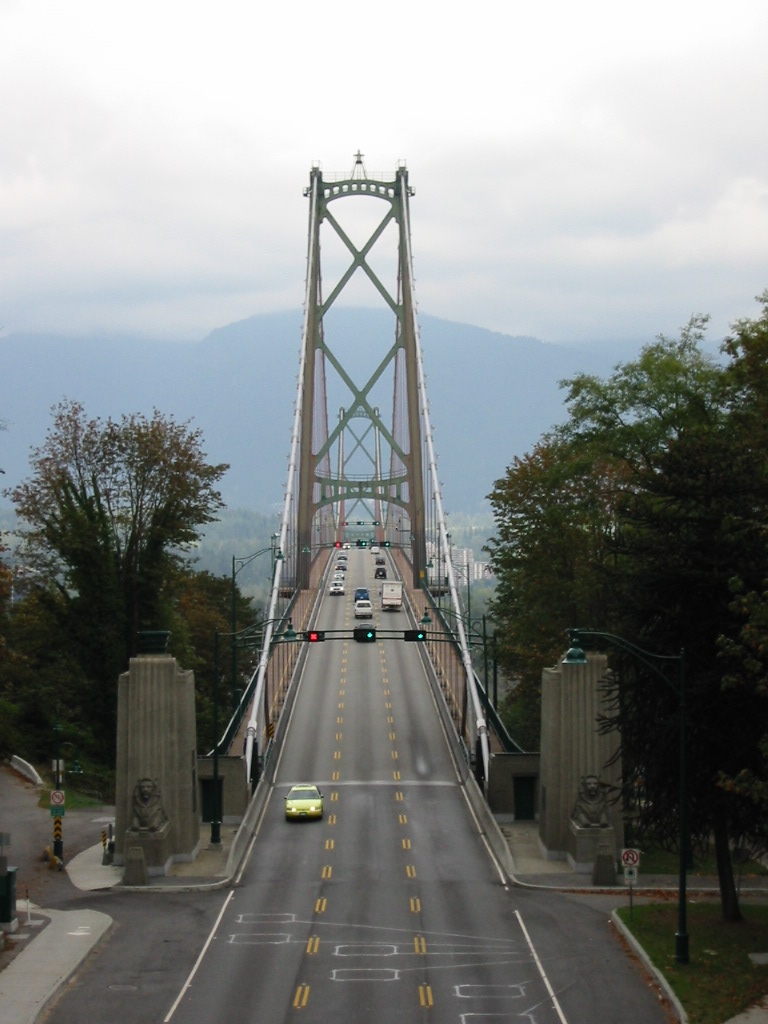 The Lions' Gate Bridge (First Narrows Bridge) from the south end in Stanley Park, North Vancouver, British Columbia, Canada 