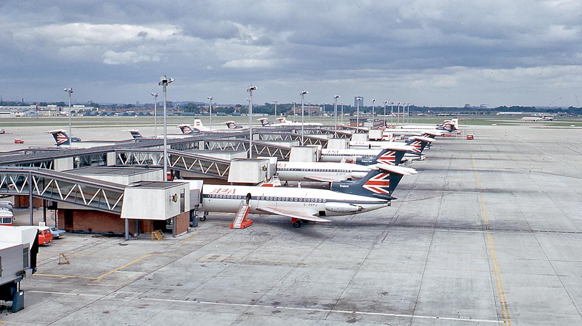 London Heathrow Airport Terminal 1 A line-up of Hawker Siddeley Trident aircraft (G-ARPJ in the foreground) of British European Airways (BEA) at London Heathrow Airport Terminal 1 in 1971, over 40 years ago.