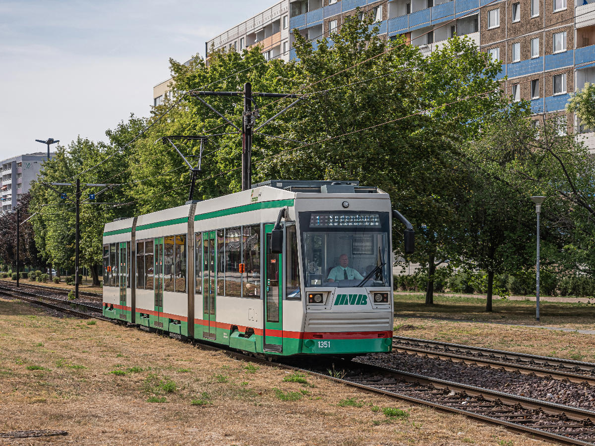 A tram at Ebendorfer Chaussee in Magdeburg, Saxony-Anhalt, Germany 