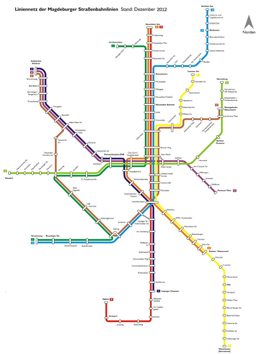 Liniennetz der Magdeburger Straßenbahn im Dezember 2012. 