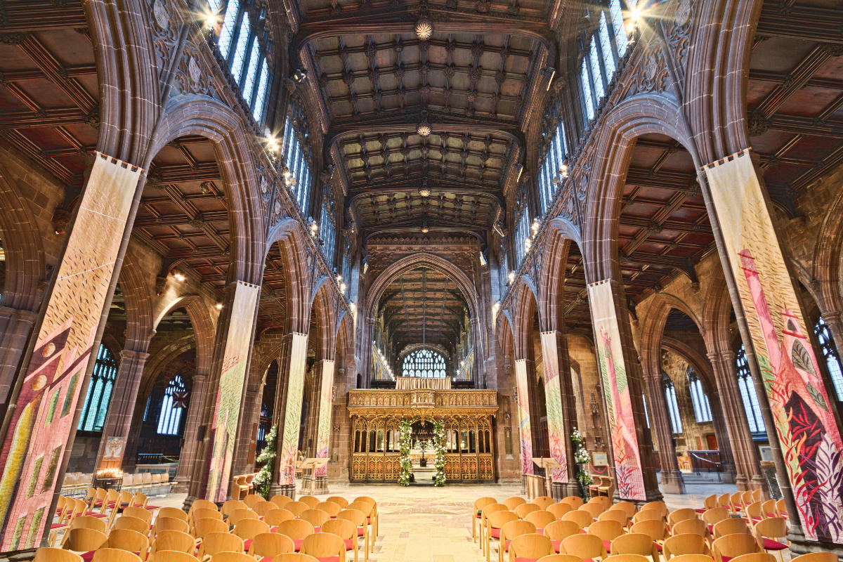 Nave of Manchester Cathedral, looking east toward the chancel screen 