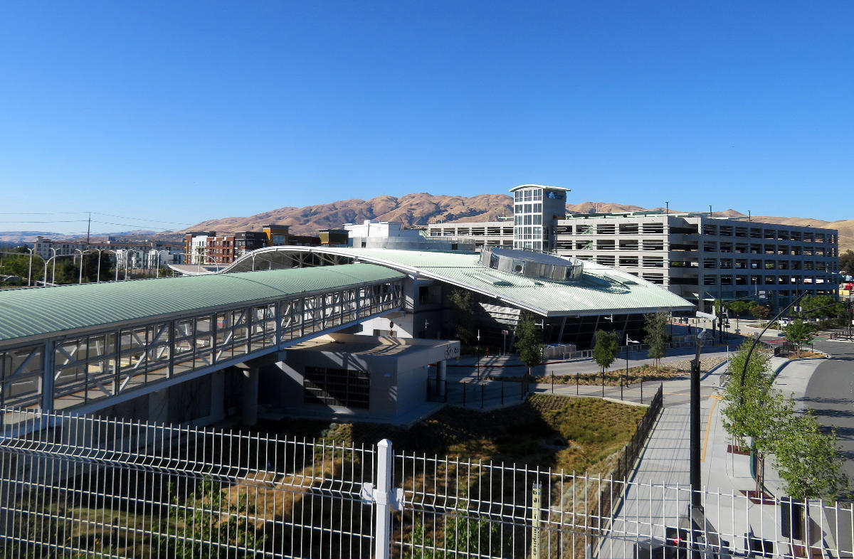 Milpitas station and garage viewed from the light rail platform on the first day of BART service in June 2020 