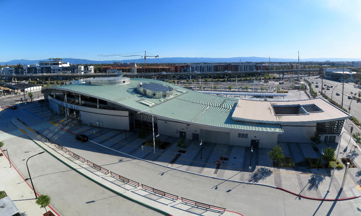 Milpitas station viewed from the parking garage on the first day of service in June 2020 
