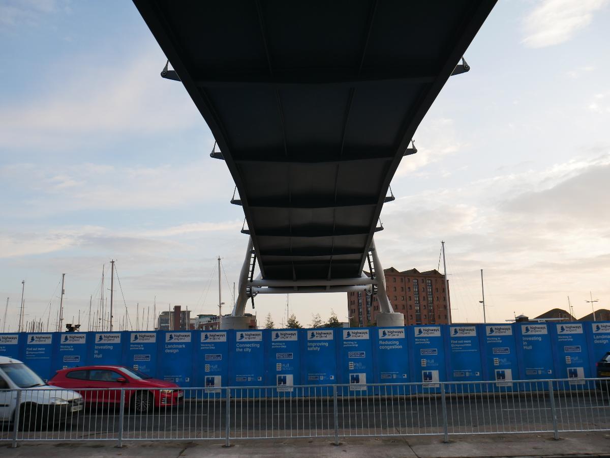 The view undernath a newly-installed footbridge over Castle Street in Kingston upon Hull The footbridge, formally named 'Murdoch's Connection' in September 2020, would not open to the public until March 2021.