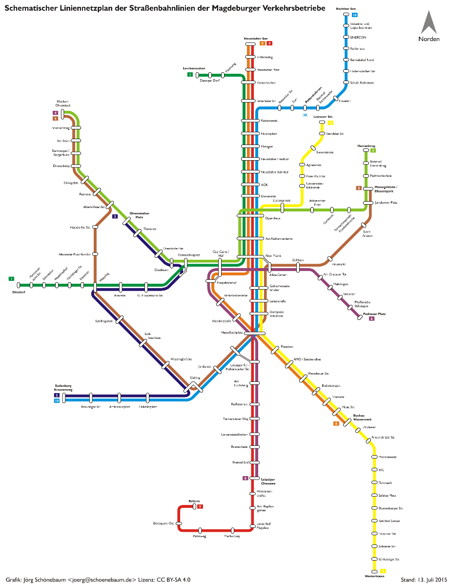 Schematisches Liniennetz der Magdeburger Straßenbahnlinien (Betreiber MVB / vom Juli 2015) 